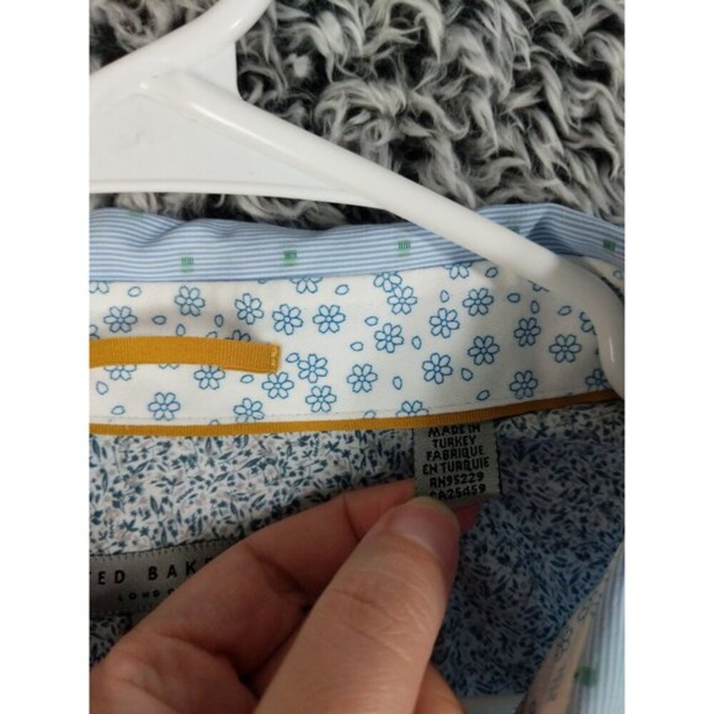 TED‎ BAKER Button Up Short Sleeve Mens Sz 6 US XL 44 Blue Stripe Dot 100% Cotton - Picture 4 of 10